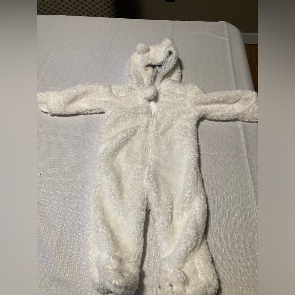 Carter White Bear Fluffy Jumpsuit/Hooded Onesie -Size 6 Months